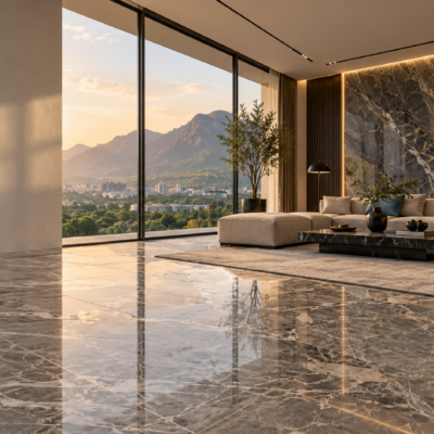 Luxury grey marble flooring and bookmatched marble feature wall in a modern Islamabad living room by CUBE Design and Construction