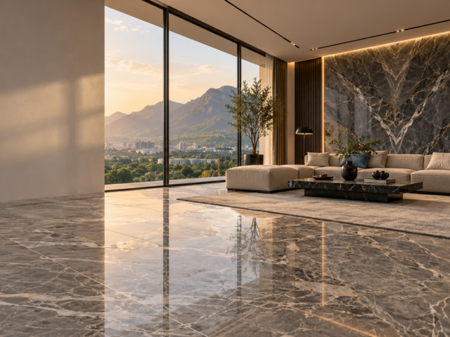 Luxury grey marble flooring and bookmatched marble feature wall in a modern Islamabad living room by CUBE Design and Construction