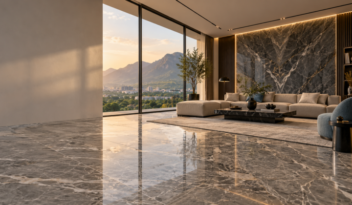 Luxury grey marble flooring and bookmatched marble feature wall in a modern Islamabad living room by CUBE Design and Construction