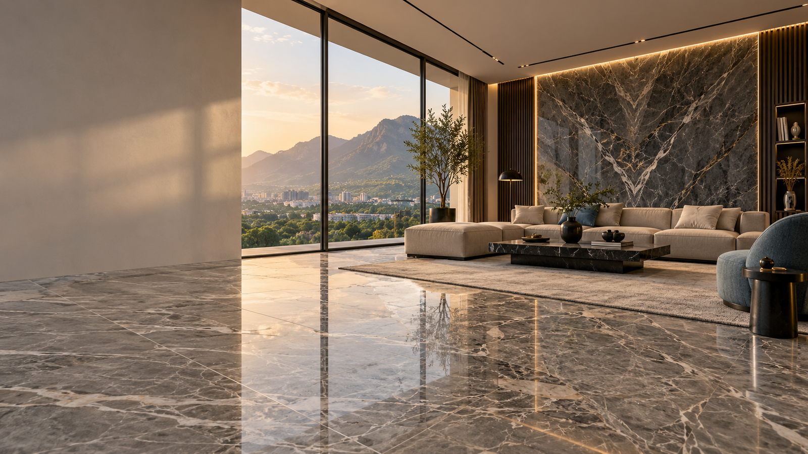 Luxury grey marble flooring and bookmatched marble feature wall in a modern Islamabad living room by CUBE Design and Construction