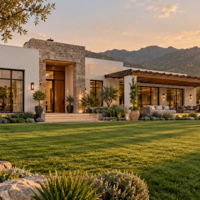 Modern farmhouse design in Pakistan with lawn and pergola near Islamabad