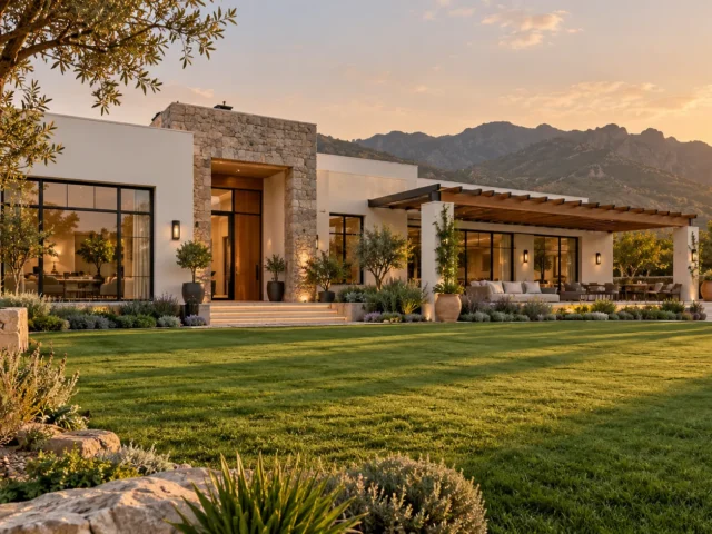 Modern farmhouse design in Pakistan with lawn and pergola near Islamabad