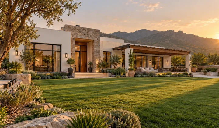 Modern farmhouse design in Pakistan with lawn and pergola near Islamabad