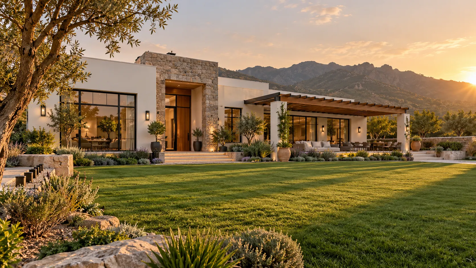 Modern farmhouse design in Pakistan with lawn and pergola near Islamabad